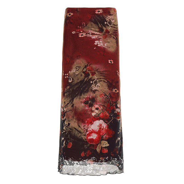 Damen Maxirock mit floralen Mustern und transparenter Spitze Drune