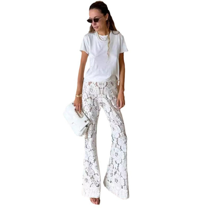 Damen Elegante Spitzenhose mit weitem Bein und floralen Details Drune
