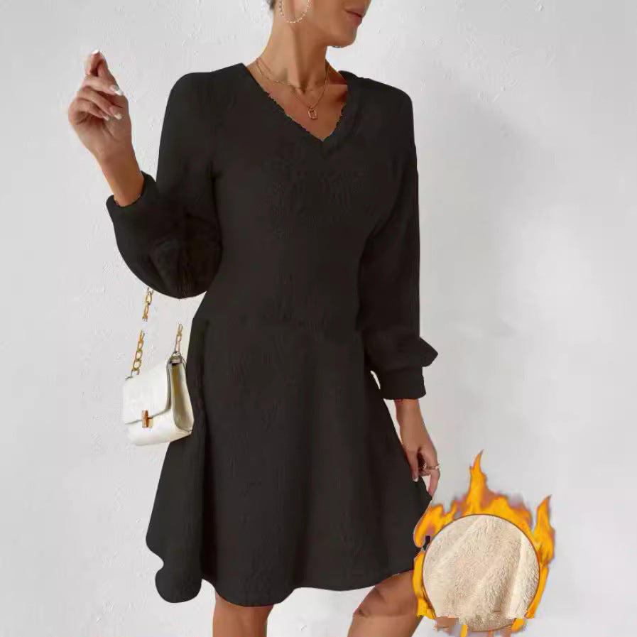 Damen Flauschiges V-Ausschnitt Kleid mit langen Ärmeln Drune