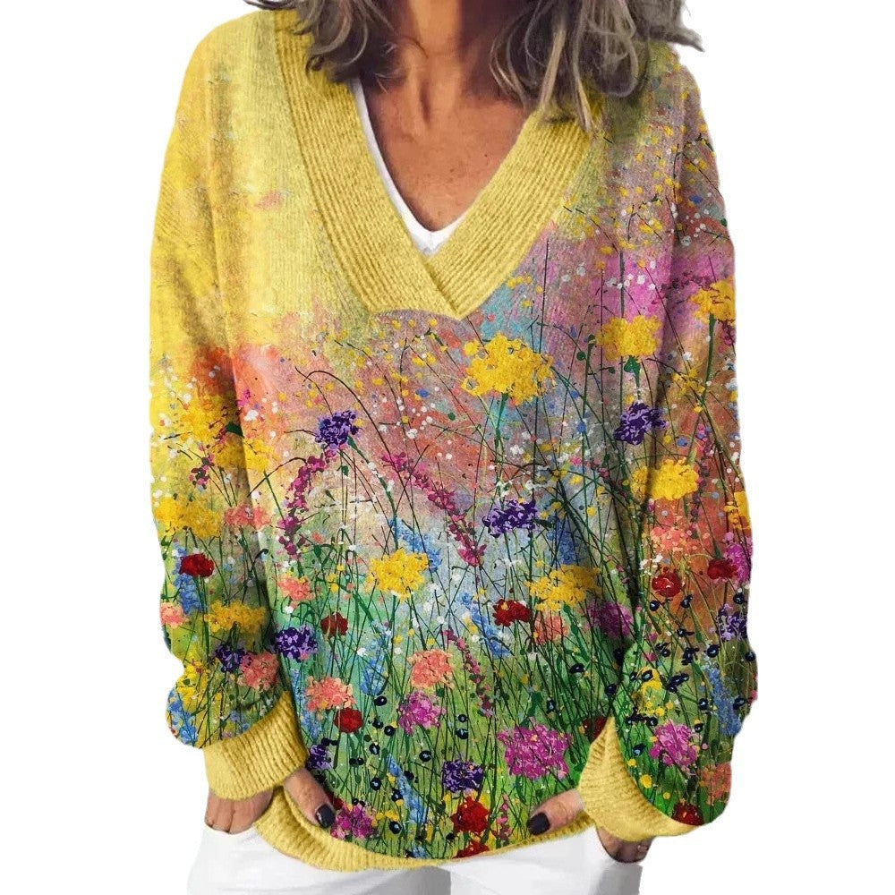 Damen V-Ausschnitt Pullover mit floralem Muster und lässigem Schnitt Drune