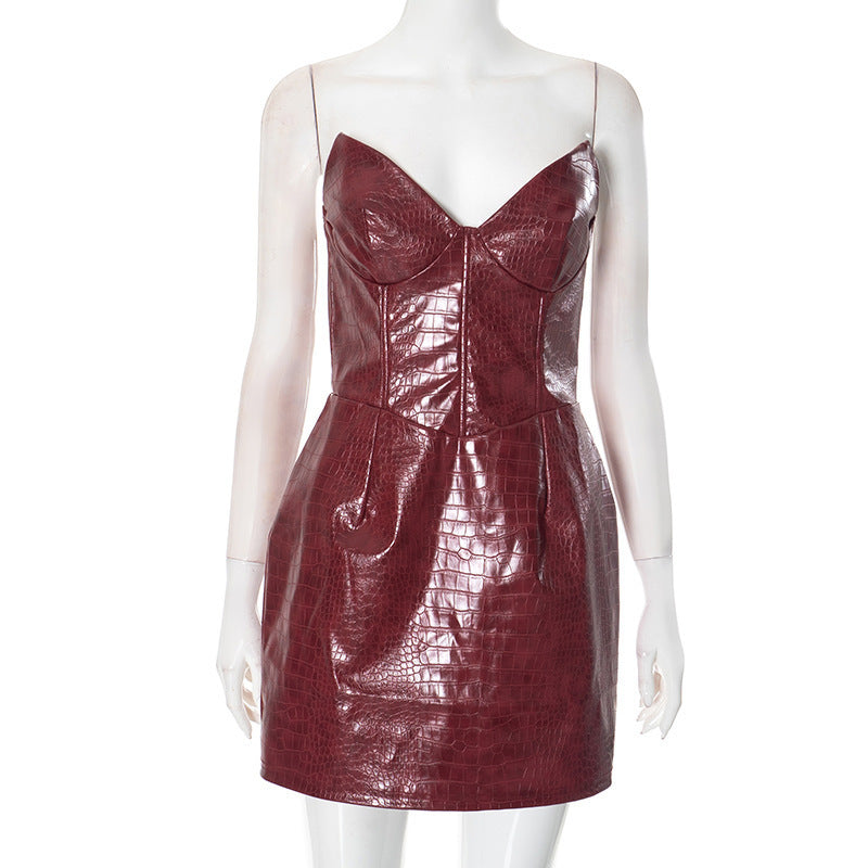 Damen Kleid aus hochwertigem, glänzendem Kunstleder mit Krokodilprägung Drune