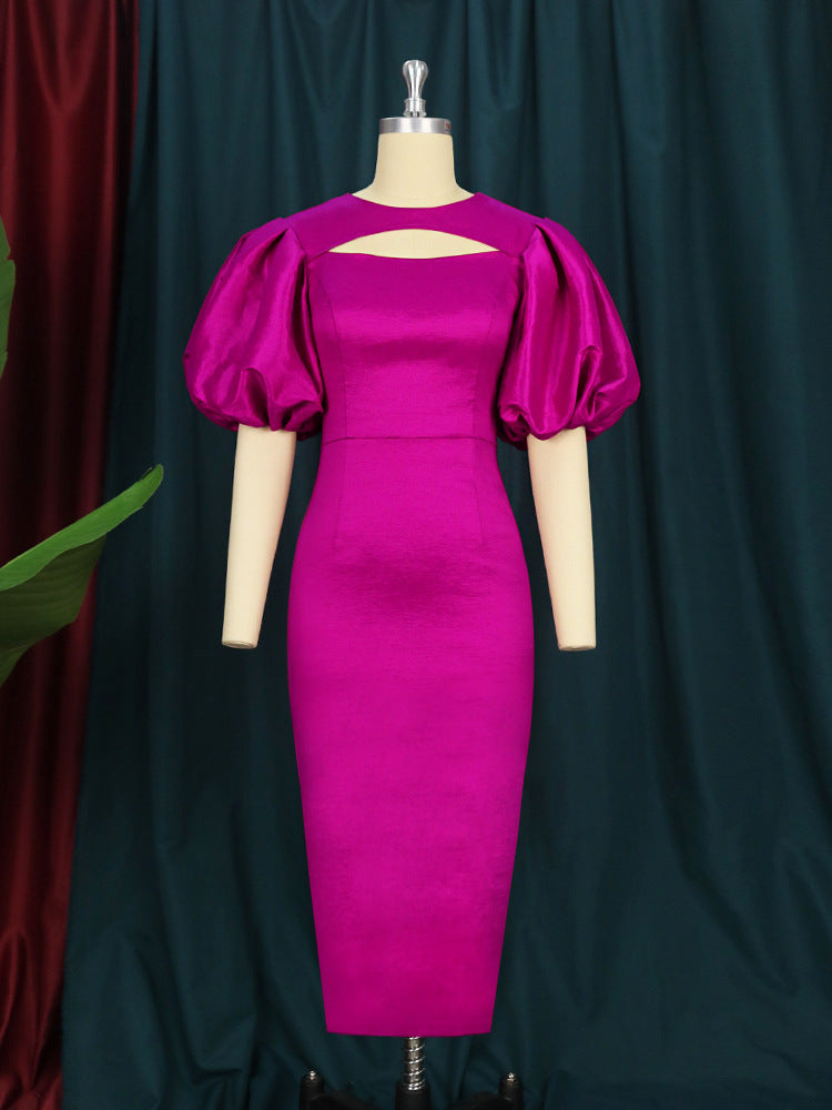 Damen figurbetontes Kleid mit Puffärmeln und Schlüssel-Ausschnitt Drune