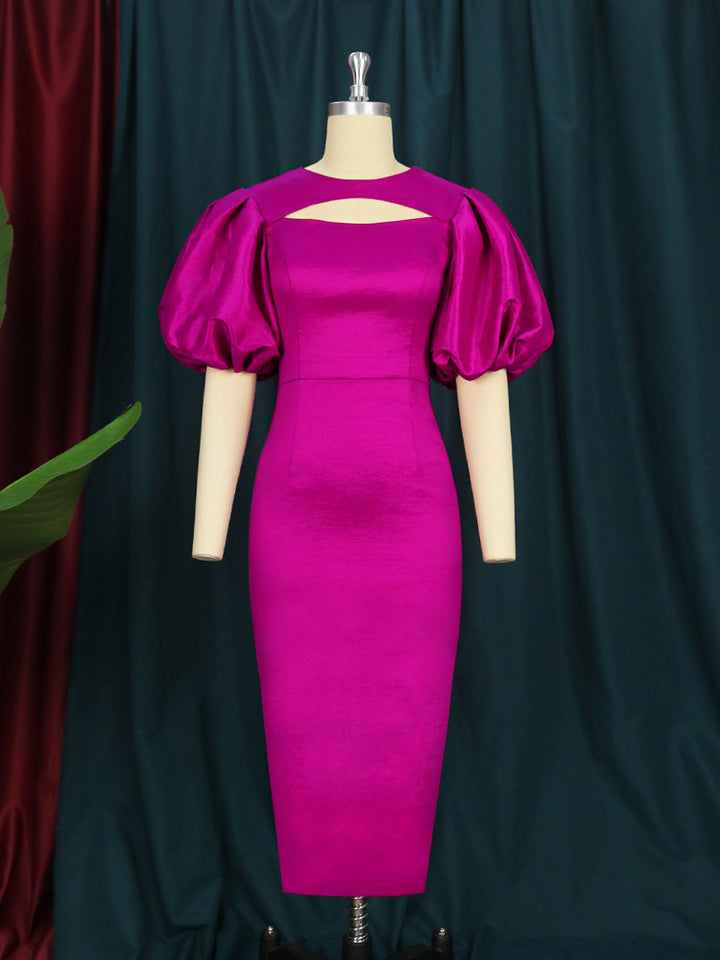 Damen figurbetontes Kleid mit Puffärmeln und Schlüssel-Ausschnitt Drune