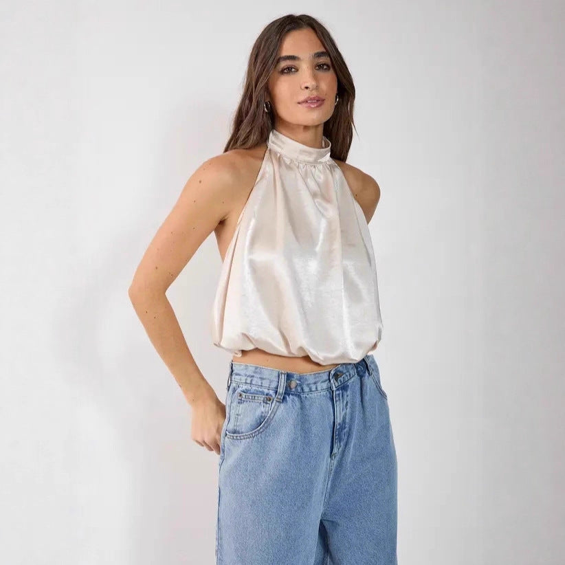 Damen Satin-Haltertop mit gerafftem Ausschnitt Drune