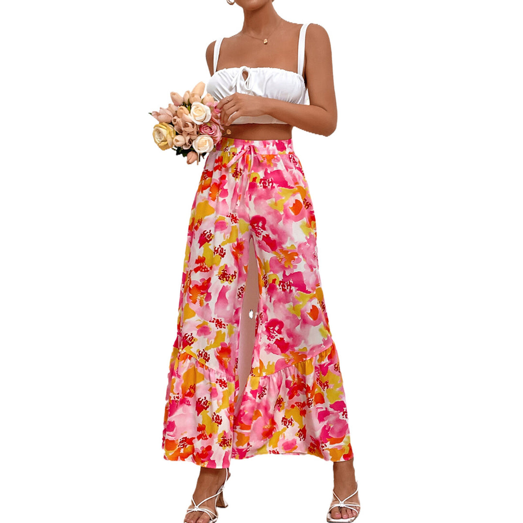 Damen weit geschnittene Palazzo-Hose mit buntem Blumendesign und Rüschendetails Drune