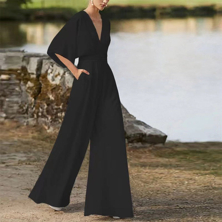 Damen Jumpsuit mit tiefem V-Ausschnitt und weit geschnittenen Beinen Drune