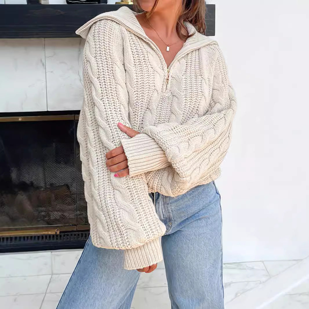 Damen lässiger Strickpullover mit weichem Zopfmuster und praktischer Kapuze Drune