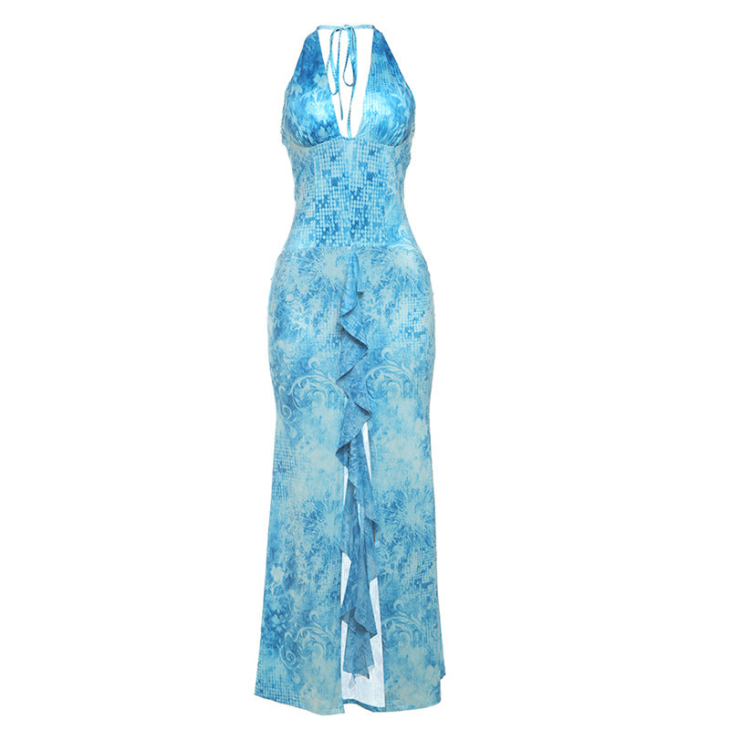 Damen Maxikleid mit raffiniertem Rüschendesign und tiefem V-Ausschnitt Drune
