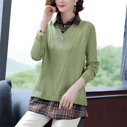 Damen Layered Strickpullover mit V-Ausschnitt und trendy Hemdbluse Drune