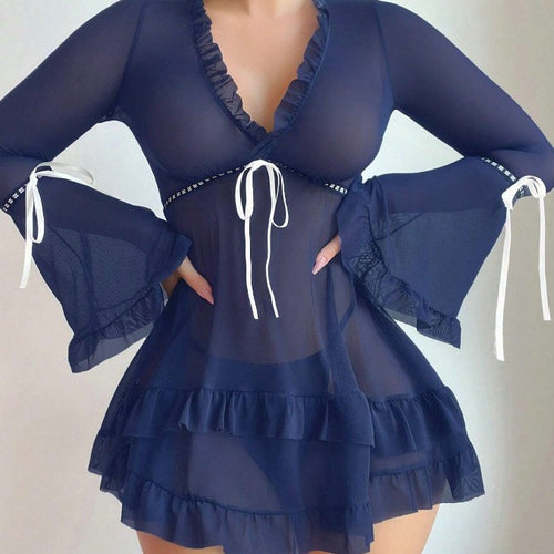 Damen transparentes Strandkleid mit voluminösen Rüschen und langen Ärmeln Drune