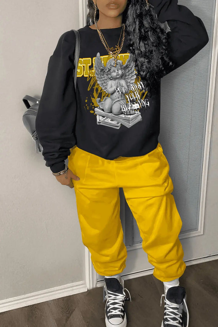 Damen Freizeit Hoodie und Jogginghose Set mit kreativem Engel-Motiv Drune