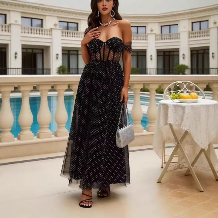 Damen Elegant schulterfreies Maxikleid mit transparenten Einsätzen und Pünktchenmuster Drune