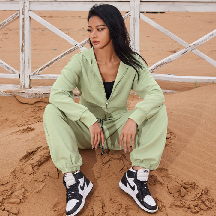 Damen lässiges Freizeit-Set mit cropped Kapuzenjacke und lockerer Hose Drune