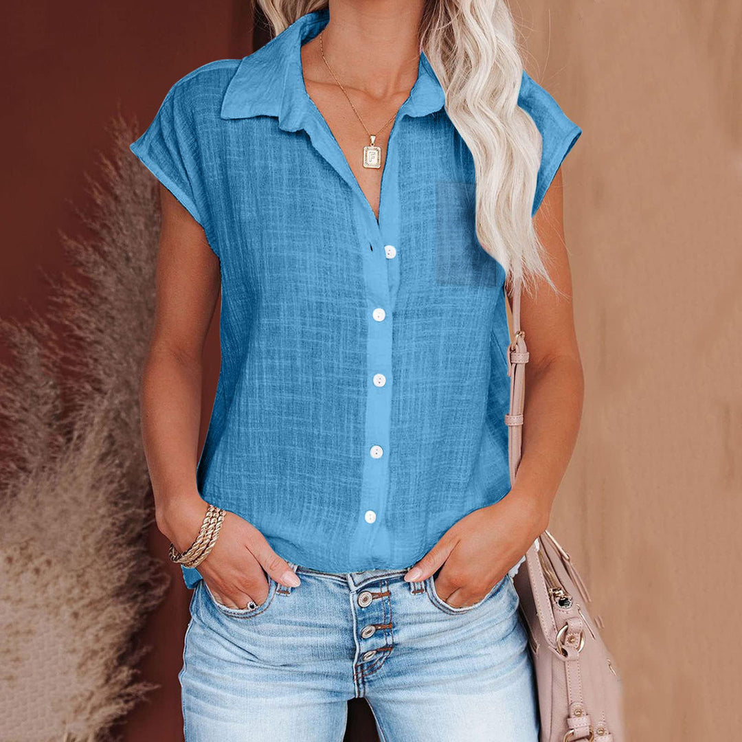 Damen Kurzarm Hemdbluse aus leichtem Leinenmix mit durchgehender Knopfleiste Drune