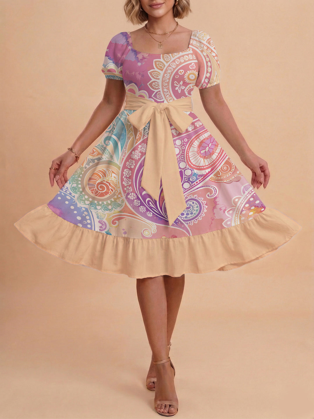 Damen modernes Blumenkleid mit elegantem Taillengürtel und asymmetrischem Saum Drune