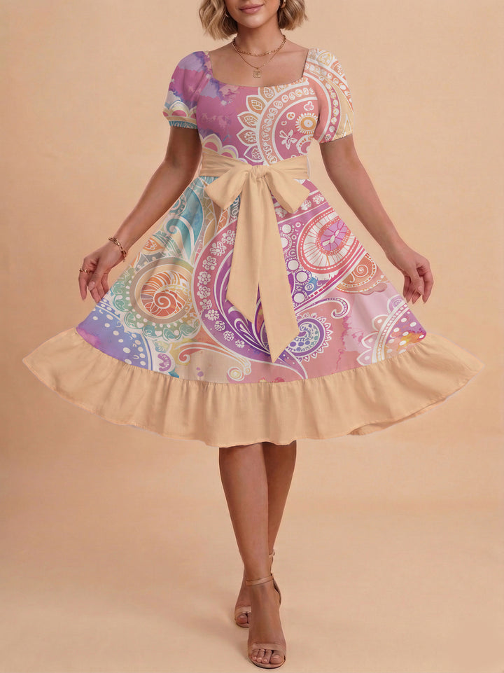 Damen modernes Blumenkleid mit elegantem Taillengürtel und asymmetrischem Saum Drune