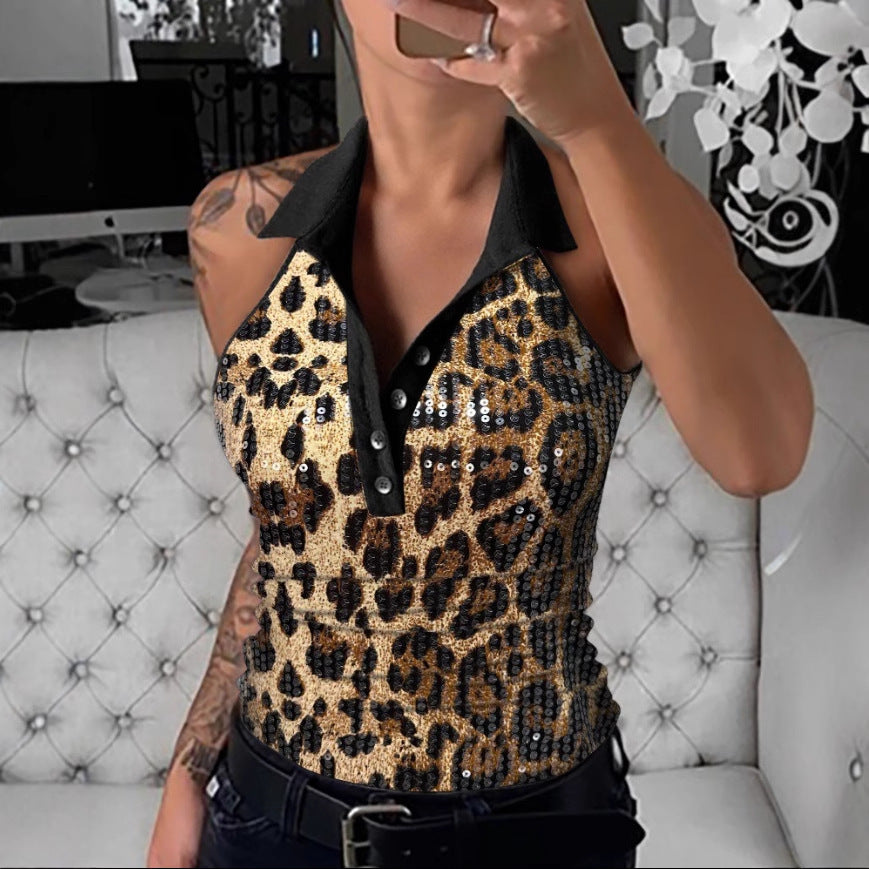 Damen Glitzerndes Poloshirt mit Leopardenmuster Drune