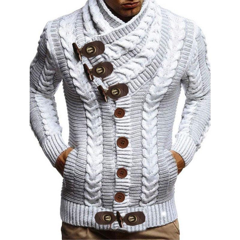 Herren Grobstrickjacke mit kreativem Schalkragen und Knopfdetails Drune
