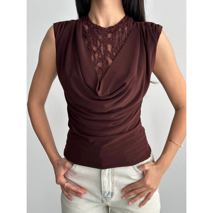 Damen Elegantes Oberteil mit Drapierung und Spitzeneinsatz Drune