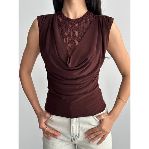 Damen Elegantes Oberteil mit Drapierung und Spitzeneinsatz Drune