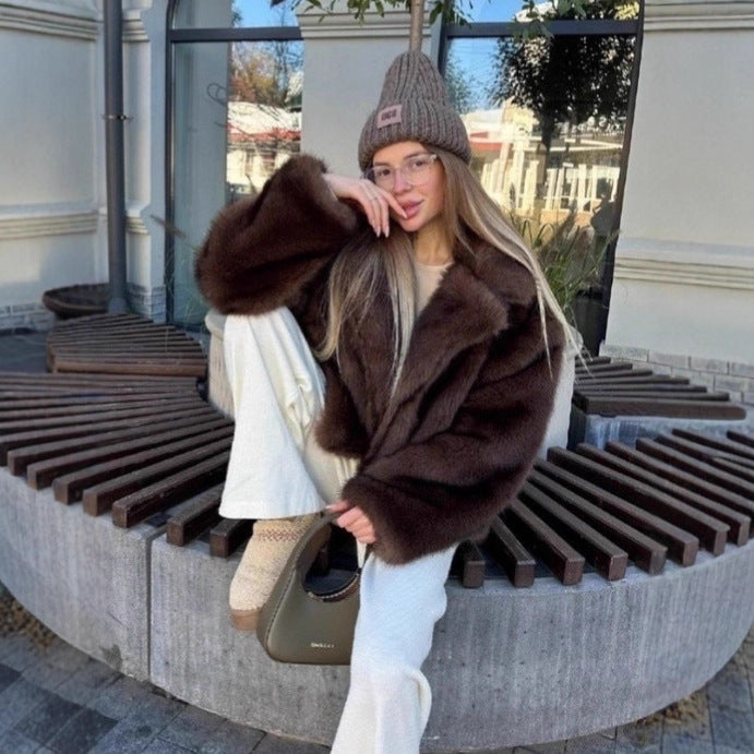 Damen Oversized Plüschmantel mit weit ausgestellten Ärmeln Drune