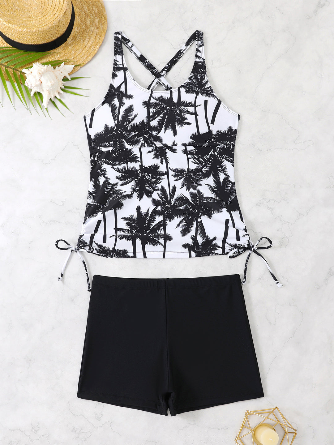 Damen Tankini mit raffinierten Verstellmöglichkeiten und modischem Palmendruck Drune