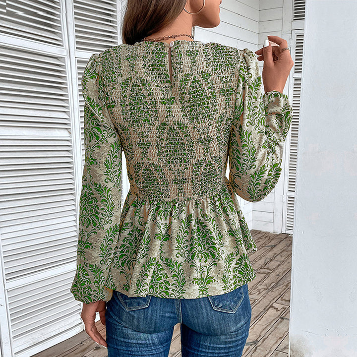 Damen Bluse mit eleganter Rüschennähten und floralem Muster Drune