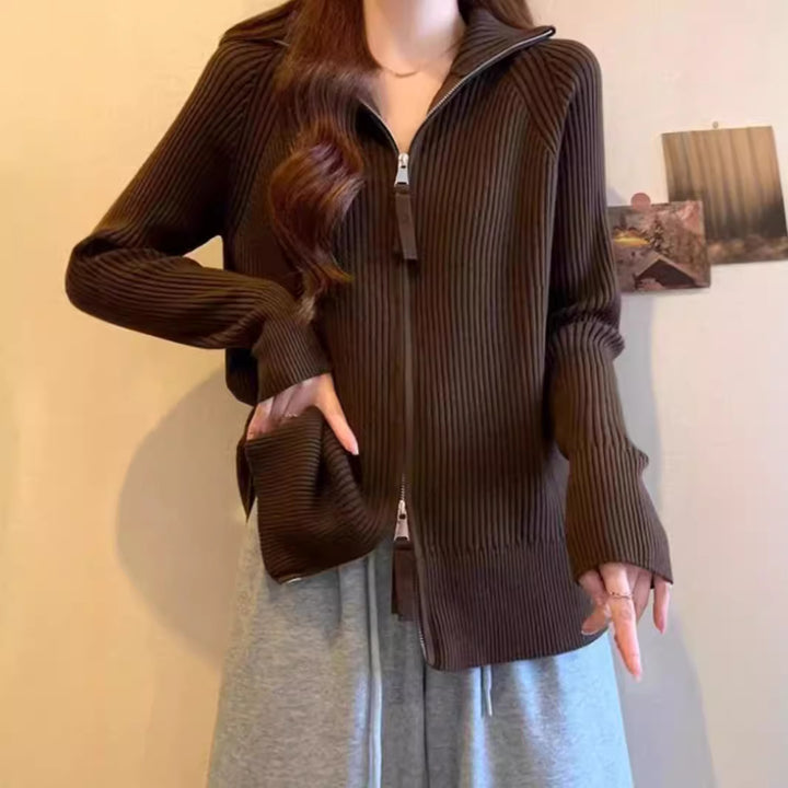 Damen Strickjacke mit hohem Stehkragen und Reißverschluss Drune