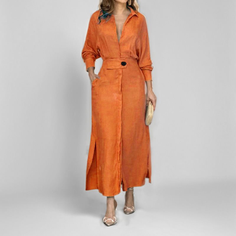 Damen Hemdkleid mit Taillengürtel und seitlichen Schlitzen Drune