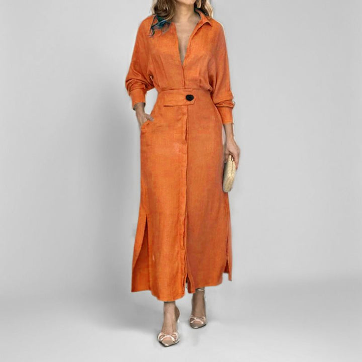 Damen Hemdkleid mit Taillengürtel und seitlichen Schlitzen Drune