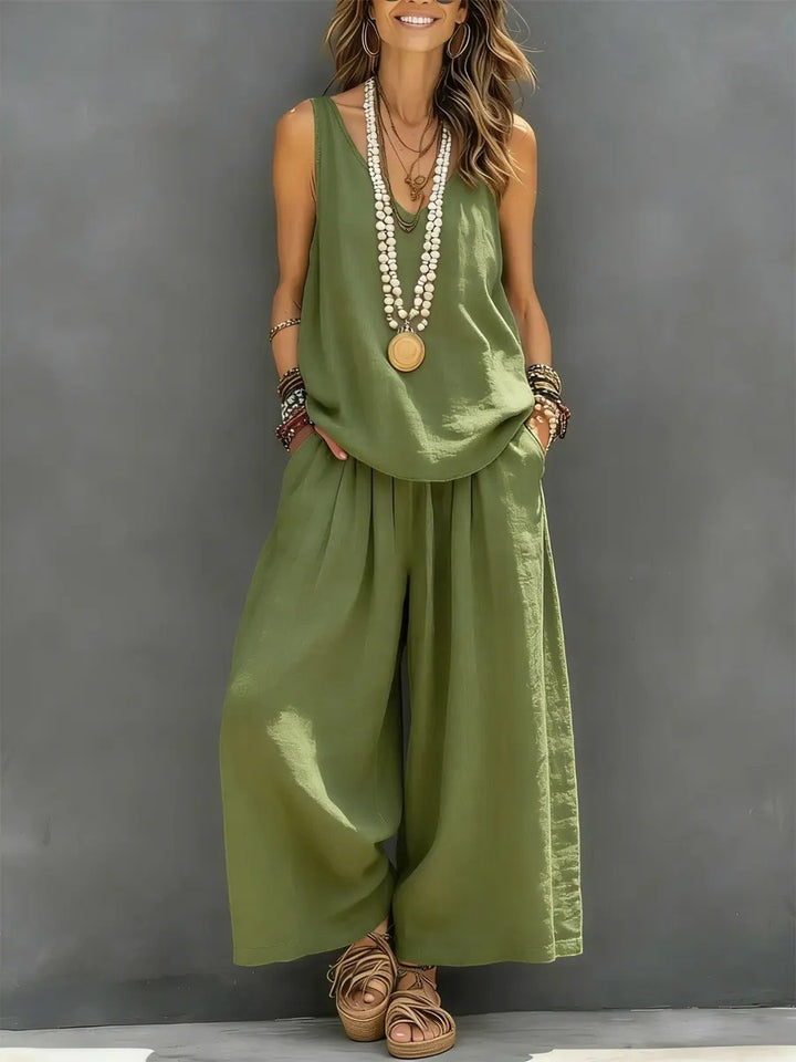 Damen Lockere Sommerbluse mit weitem Schnitt und hochtaillierter Hose Drune