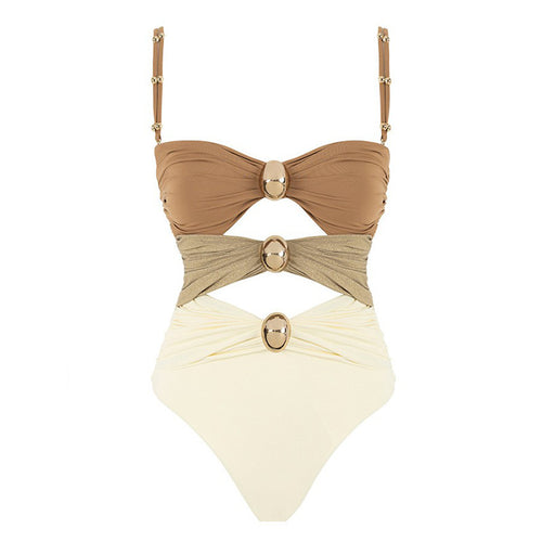 Damen Eleganter Bandeau-Badeanzug mit Raffungen und Schmuckdetails Drune