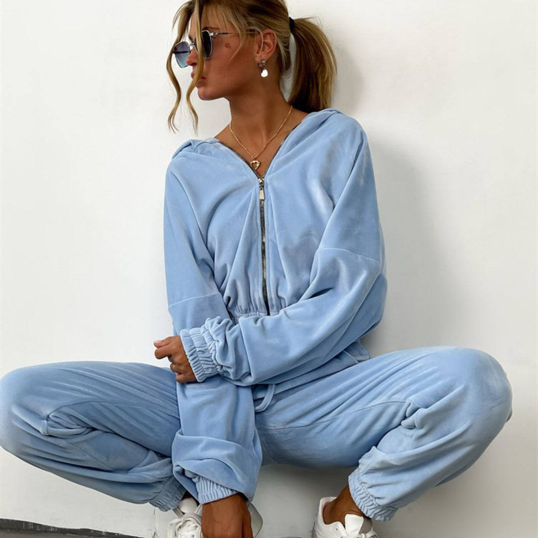 Damen sportlicher Fleece-Jogginganzug mit elegantem Reißverschluss und elastischem Bund Drune