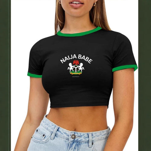 Damen Crop-Top mit kreativem Aufdruck und kontrastierenden Ärmelsäumen Drune