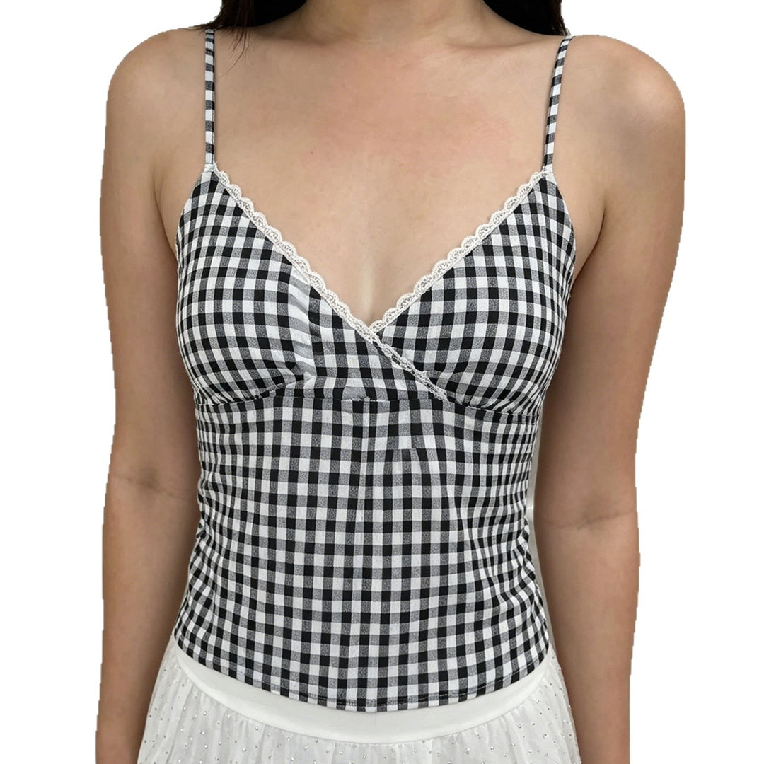 Damen V-Ausschnitt Vichy-Trägertop mit Spitzendetails Drune