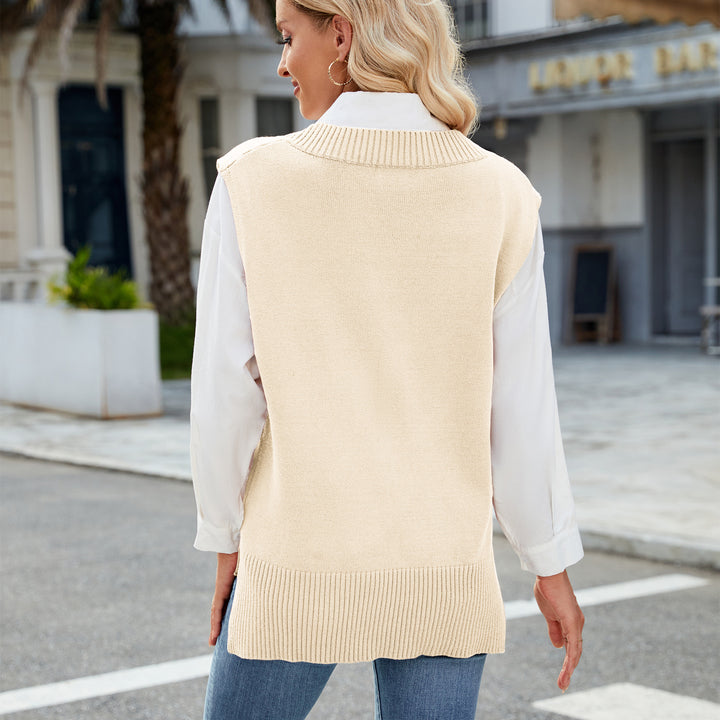Damen Eleganter Strickpullover ohne Ärmel mit V-Ausschnitt und lässigem Schnitt Drune