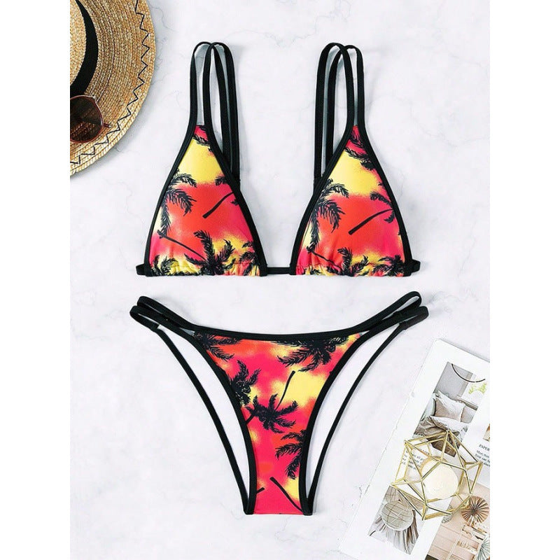 Damen Triangel-Bikini mit doppelten Trägern und trendigem Palmendruck Drune
