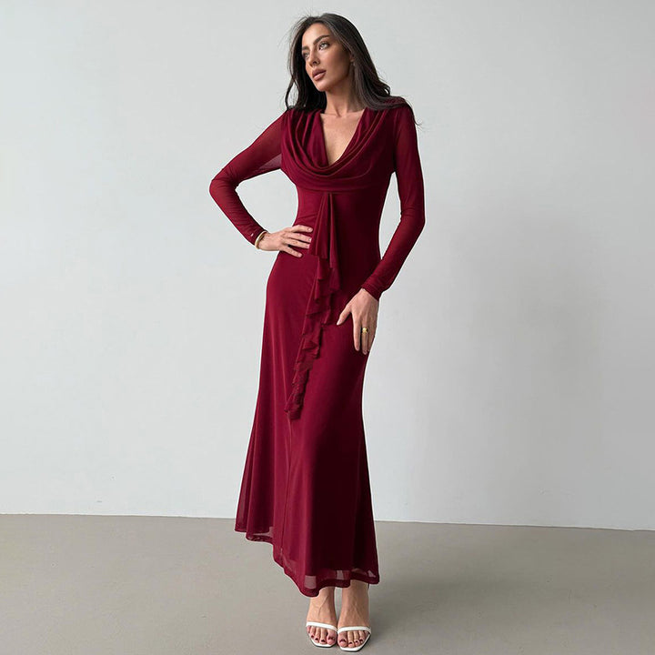 Damen Elegantes Maxikleid mit tiefem V-Ausschnitt und Rüschendetail Drune