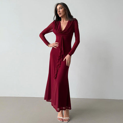 Damen Elegantes Maxikleid mit tiefem V-Ausschnitt und Rüschendetail Drune