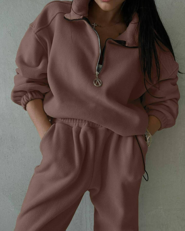 Damen Fleece-Loungewear-Set mit halbem Reißverschluss und elastischem Bund Drune