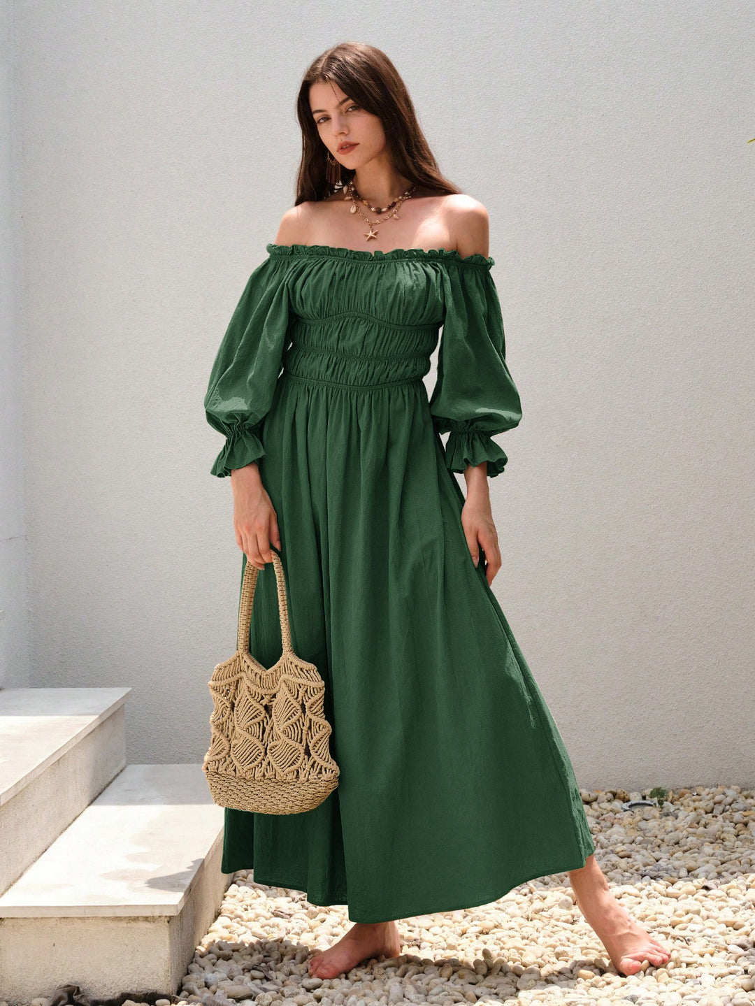Damen Maxi-Kleid im eleganten Off-Shoulder-Stil mit gerafften Puffärmeln Drune