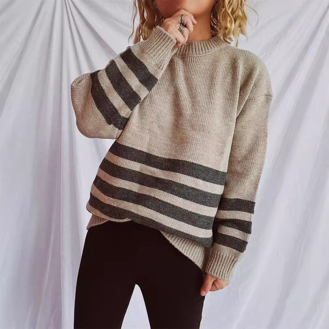 Damen lässiger Strickpullover mit breitem Streifenmuster Drune