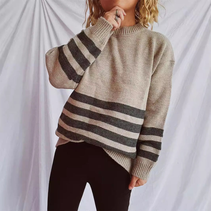 Damen lässiger Strickpullover mit breitem Streifenmuster Drune