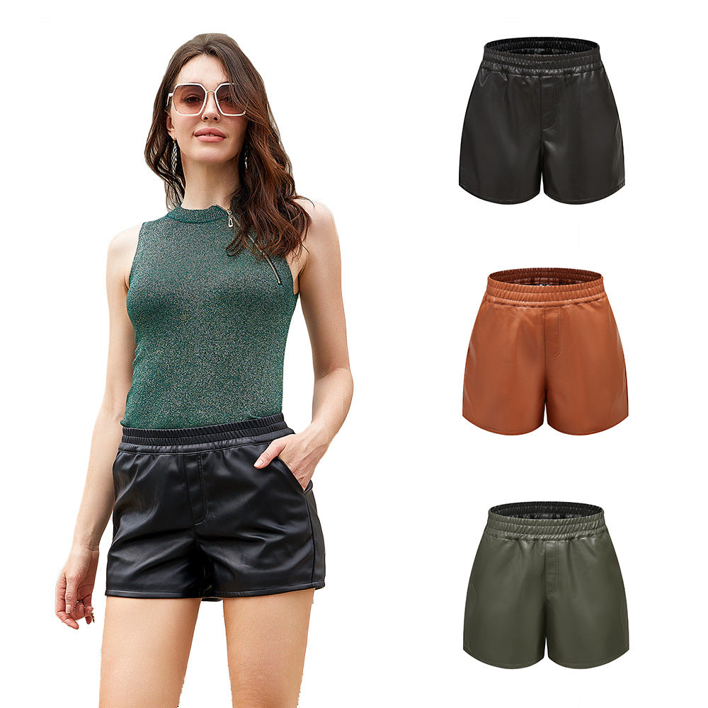 Damen modische High-Waist Shorts aus Kunstleder Drune