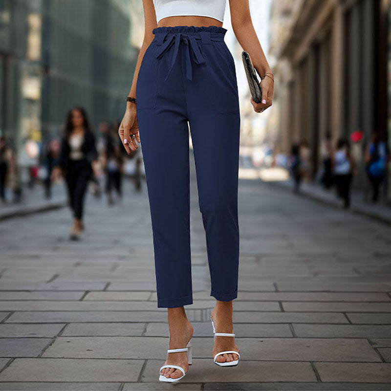 Damen elegante Chino-Hose mit hohem Bund und Taillenzug Drune