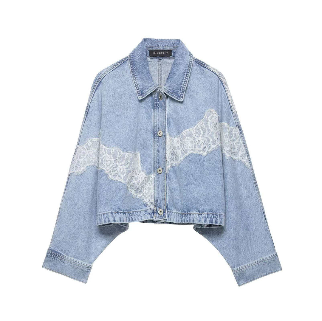 Damen nan oversized Denimjacke mit Spitzenbesatz, kastigem Cropped-Schnitt und überschnittenen Ärmeln Drune