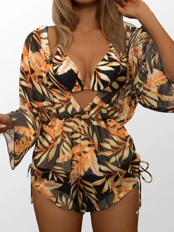 Damen Strandkleid mit floralem Muster und luftigen Ärmeln Drune
