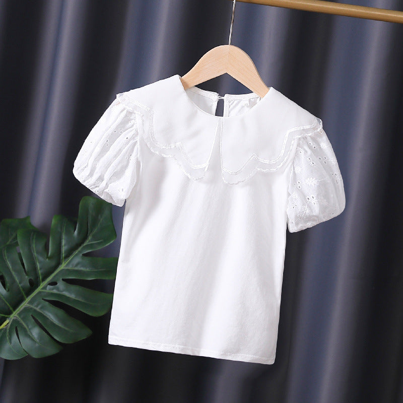 Mädchen Bluse mit dekorativen Lochstickereien und voluminösen Puffärmeln Drune