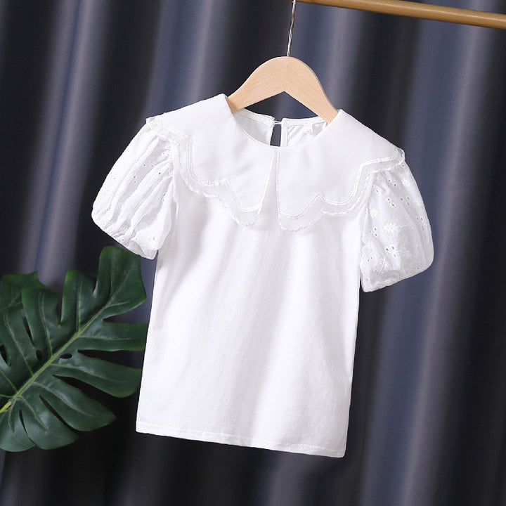 Mädchen Bluse mit dekorativen Lochstickereien und voluminösen Puffärmeln Drune