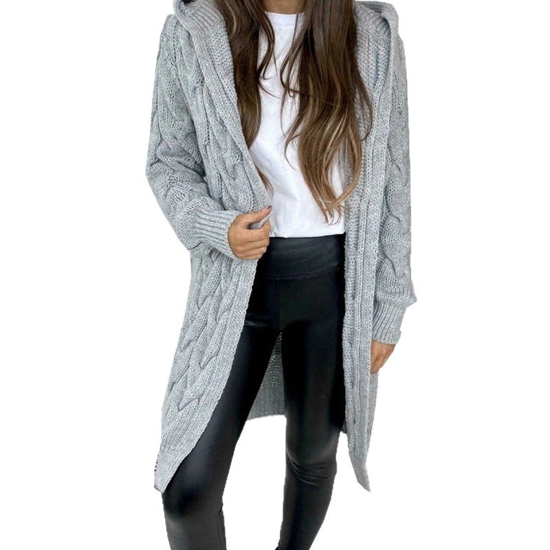 Damen Strickmantel mit Kapuze und Kabelmuster Drune